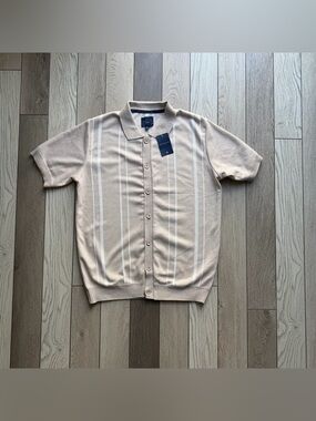 Marc Asher Men's Short Sleeve Button Polo in Beige with White Stripes size L NWT